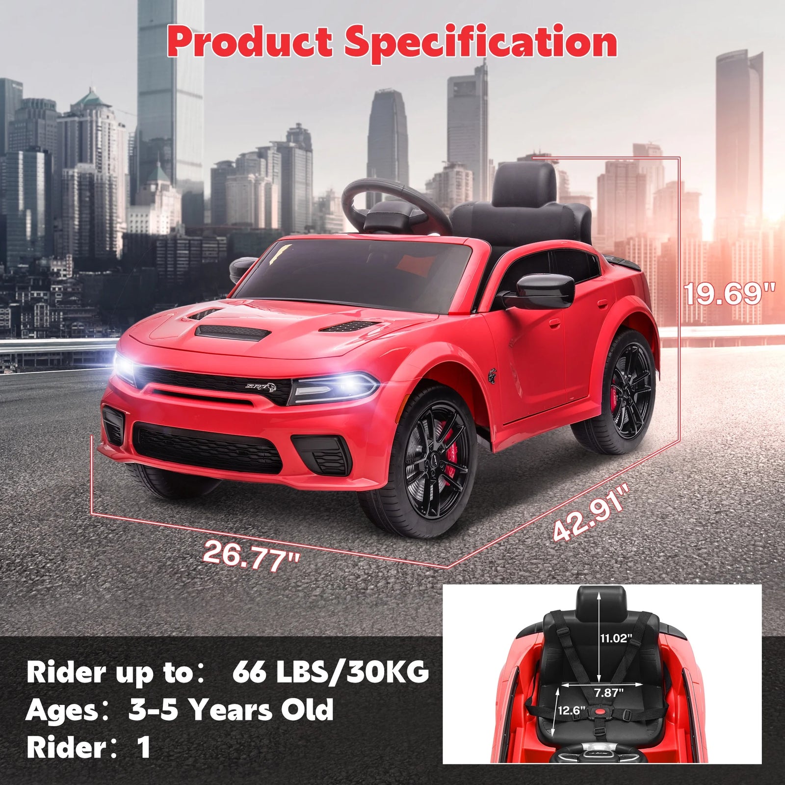 Dodge Electric Ride on Cars for Kids, 12V Licensed Dodge Charger SRT Powered Ride on Toys Cars with Parent Remote Control, Electric Car for Girls 3-5 W/Music Player/Led Headlights/Safety Belt, Pink