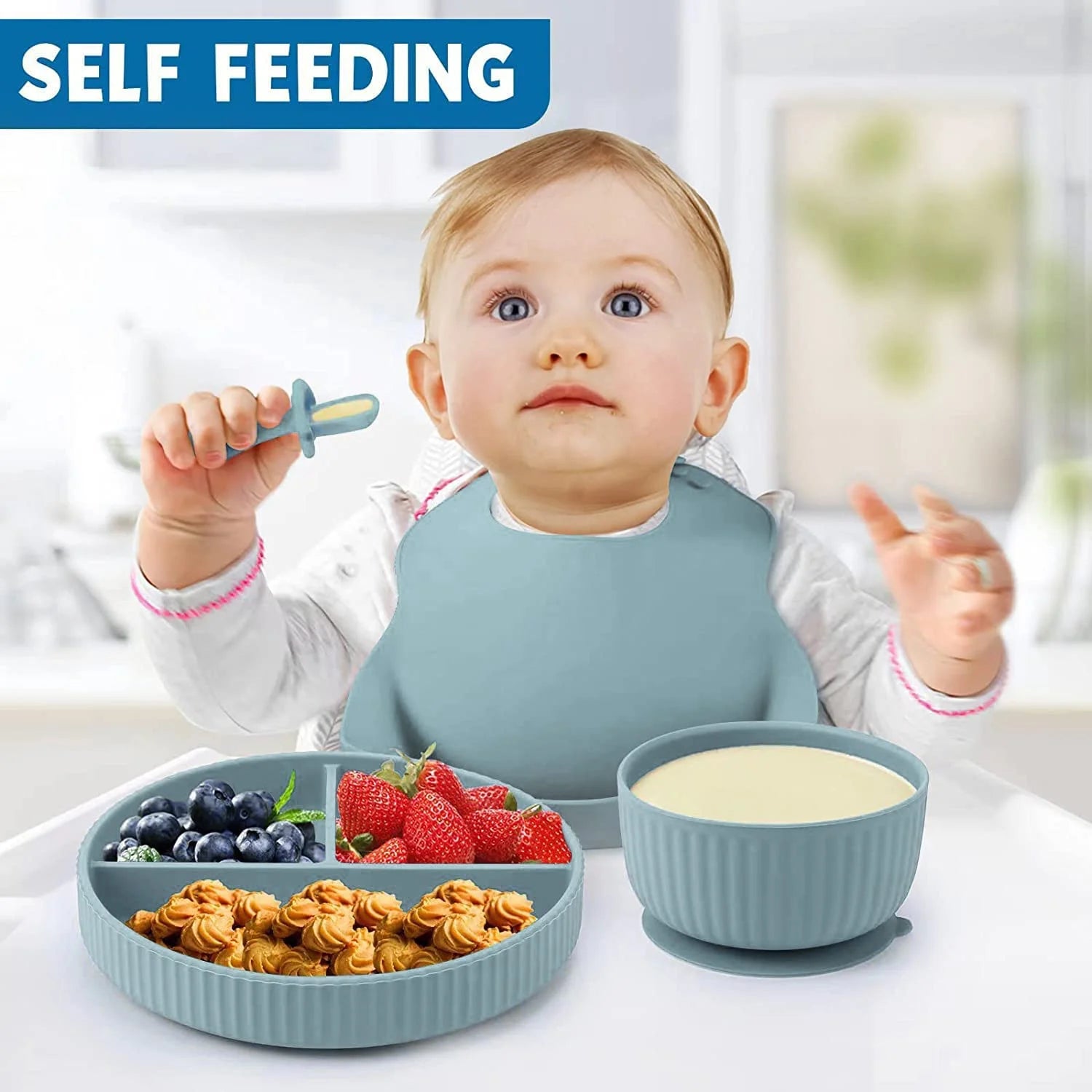 Soft Silicone Baby Feeding Set, Baby Led Weaning Supplies with Adjustable Bib, Suction Bowl, Suction Divided Plate, Straw Cup, First Stage Spoon & Fork (Light Grey)