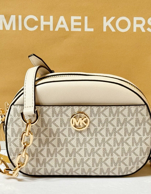 Load image into Gallery viewer, MICHAEL KORS JET SET GLAM SMALL FRONT POCKET OVAL CROSSBODY BAG MK LIGHT CREAM
