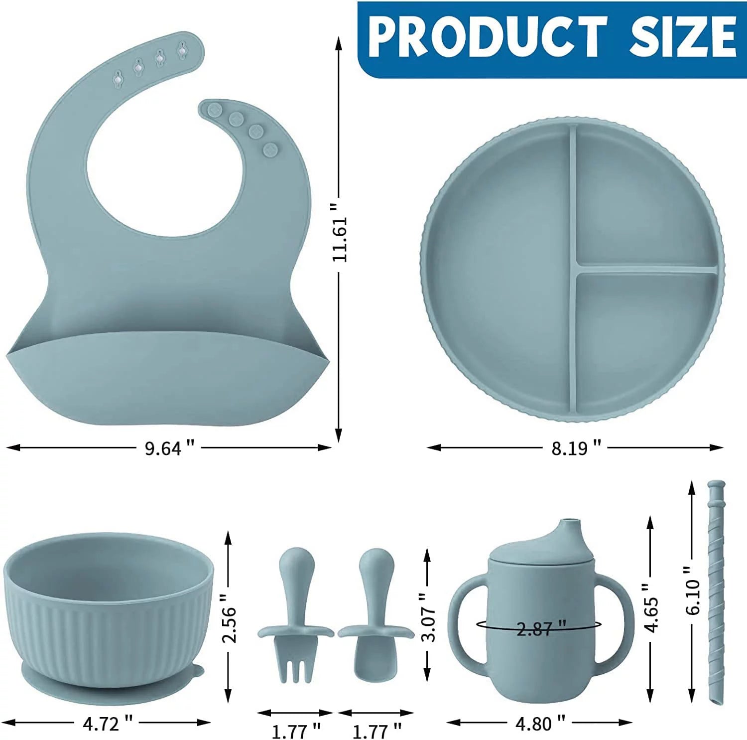 Soft Silicone Baby Feeding Set, Baby Led Weaning Supplies with Adjustable Bib, Suction Bowl, Suction Divided Plate, Straw Cup, First Stage Spoon & Fork (Light Grey)