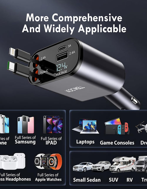 Load image into Gallery viewer, Retractable Car Charger, 100W 4 in 1 Super Fast Charge Car Phone Charger,Retractable Cables (31.5 Inch) and 2 USB Ports Car Charger Adapter for Iphone 15/14/13/12 Pro Max Xr,Ipad,Samsung,Pixel
