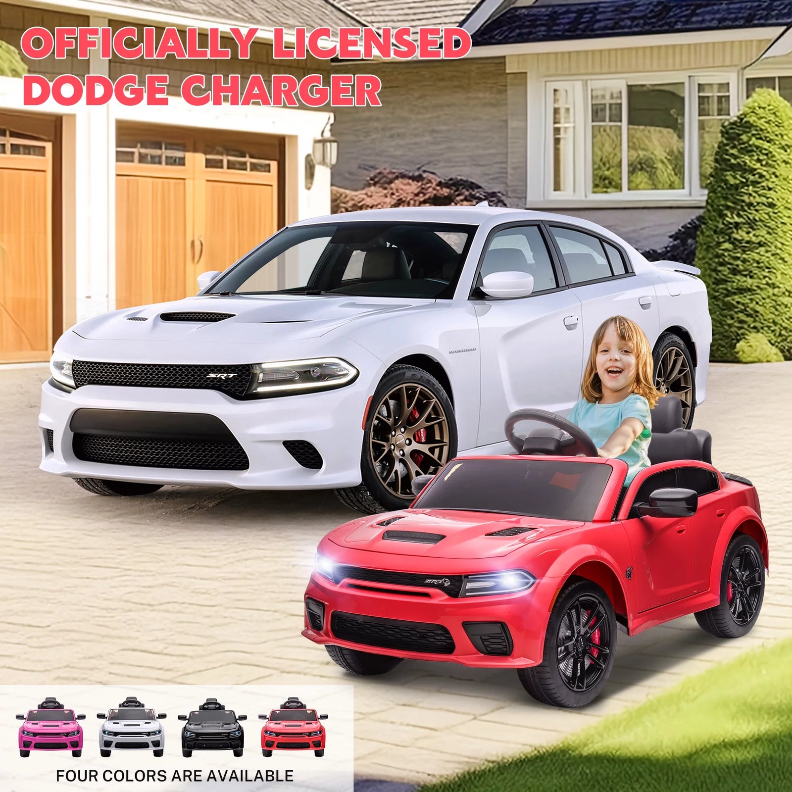 Dodge Electric Ride on Cars for Kids, 12V Licensed Dodge Charger SRT Powered Ride on Toys Cars with Parent Remote Control, Electric Car for Girls 3-5 W/Music Player/Led Headlights/Safety Belt, Pink