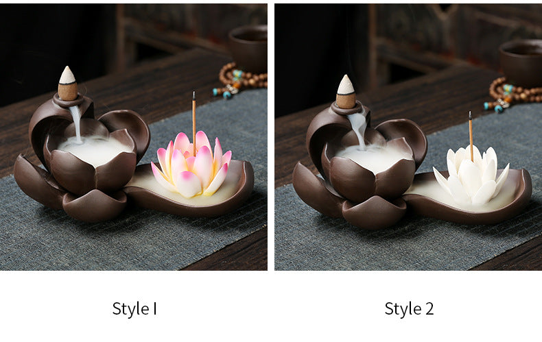 1pc Creative Purple Clay Waterfall Backflow Incense Burner Lotus Zen Home Decor Incense Stick Holder Ceramic Censer Handicrafts