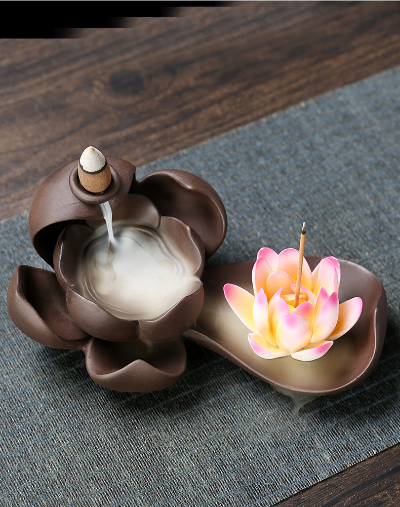 1pc Creative Purple Clay Waterfall Backflow Incense Burner Lotus Zen Home Decor Incense Stick Holder Ceramic Censer Handicrafts