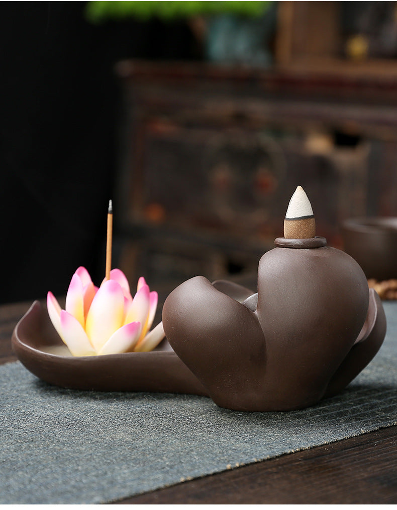 1pc Creative Purple Clay Waterfall Backflow Incense Burner Lotus Zen Home Decor Incense Stick Holder Ceramic Censer Handicrafts