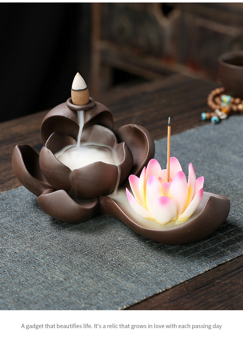 1pc Creative Purple Clay Waterfall Backflow Incense Burner Lotus Zen Home Decor Incense Stick Holder Ceramic Censer Handicrafts