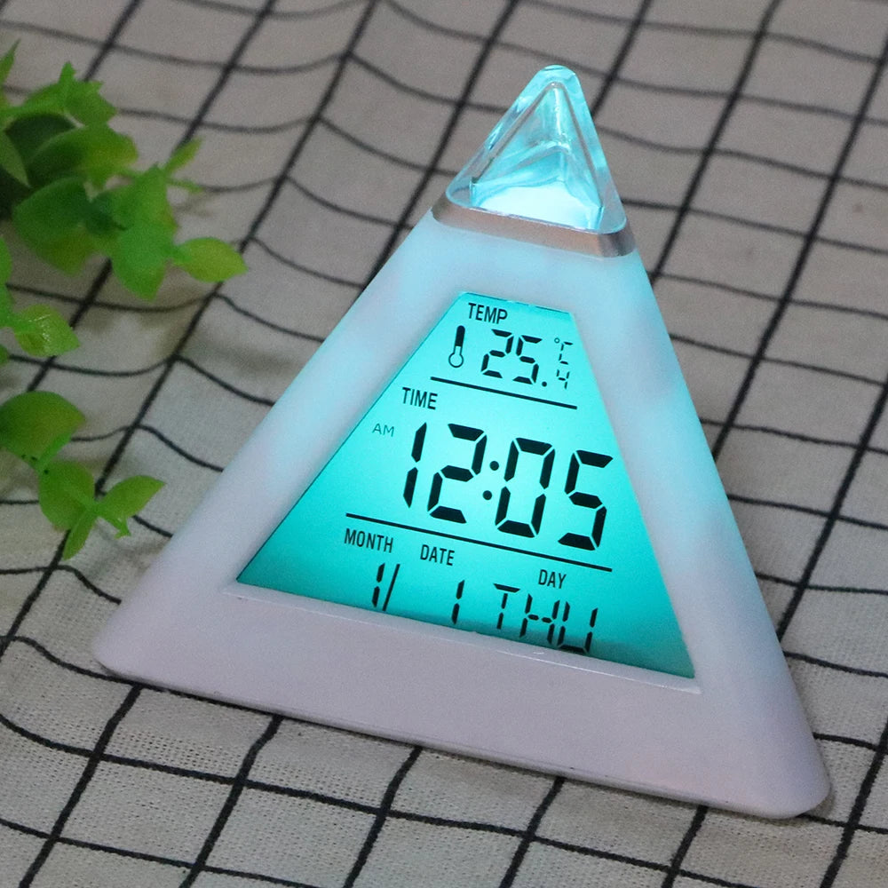 Triangle Pyramid Colorful Backlight Change Clock Perpetual Calendar Thermometer Digital Alarm Clock