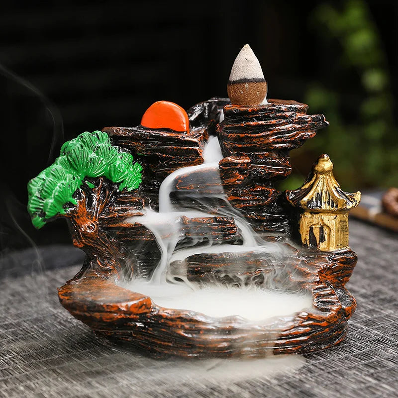 Creative High Mountain Flowing Resin Back Flow Incense Holder Waterfall Incense Burner Home Indoor Decor Aromatherapy Ornament