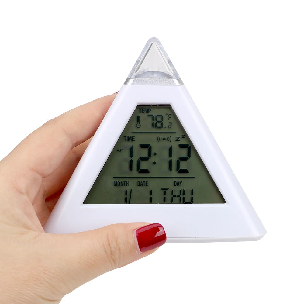 Triangle Pyramid Colorful Backlight Change Clock Perpetual Calendar Thermometer Digital Alarm Clock