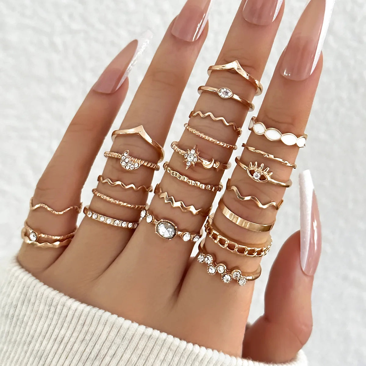 23Pcs Trendy Simple Knuckle Rings Set For Women Crystal Star Moon Eye Wave Ring Female Fashion Party Jewelry Accessories