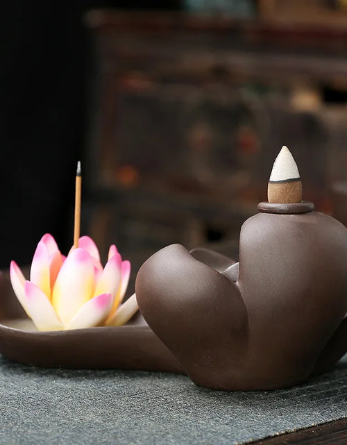 Load image into Gallery viewer, 1pc Creative Purple Clay Waterfall Backflow Incense Burner Lotus Zen Home Decor Incense Stick Holder Ceramic Censer Handicrafts
