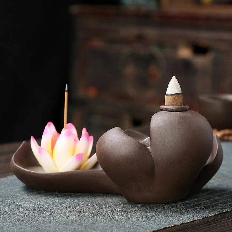 1pc Creative Purple Clay Waterfall Backflow Incense Burner Lotus Zen Home Decor Incense Stick Holder Ceramic Censer Handicrafts