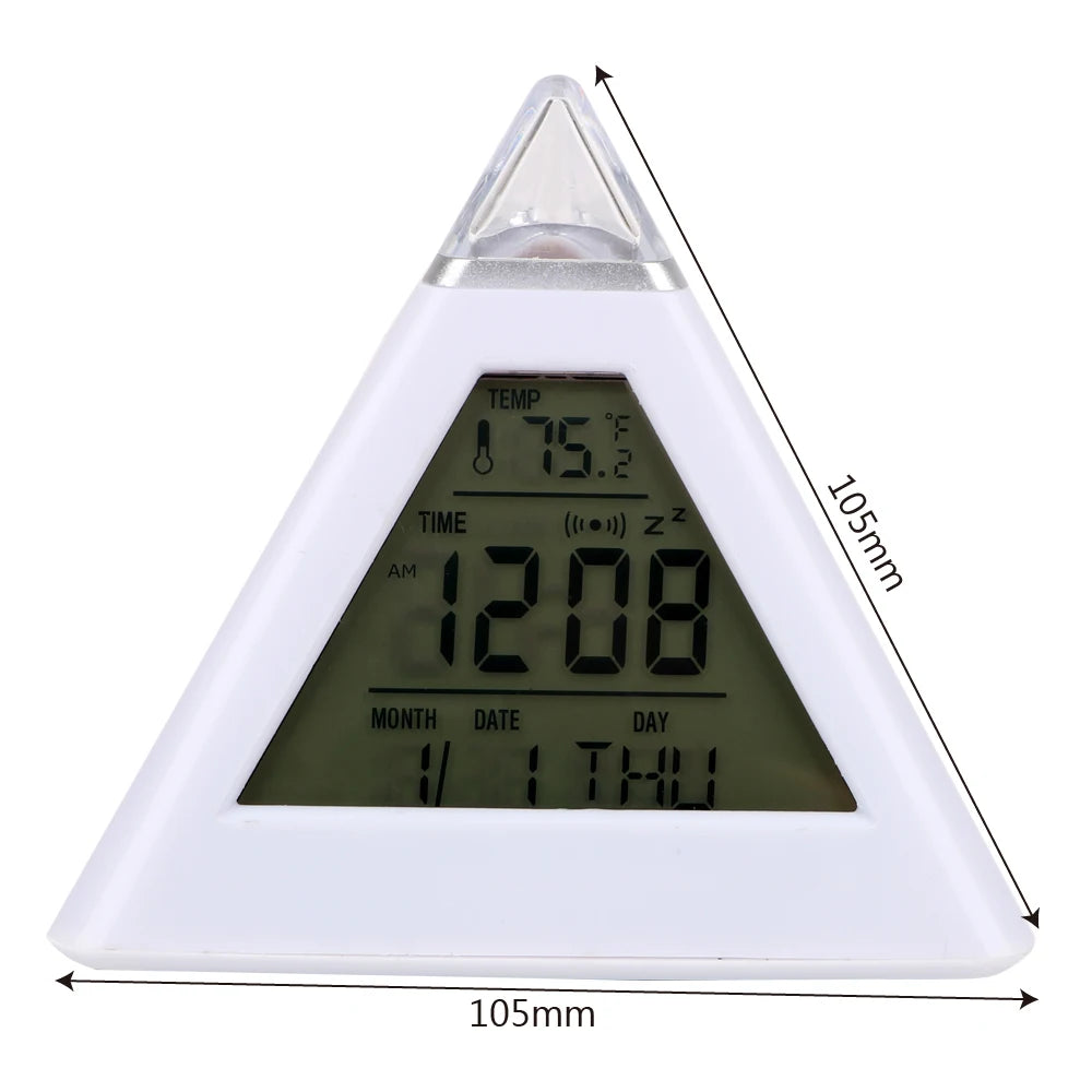 Triangle Pyramid Colorful Backlight Change Clock Perpetual Calendar Thermometer Digital Alarm Clock