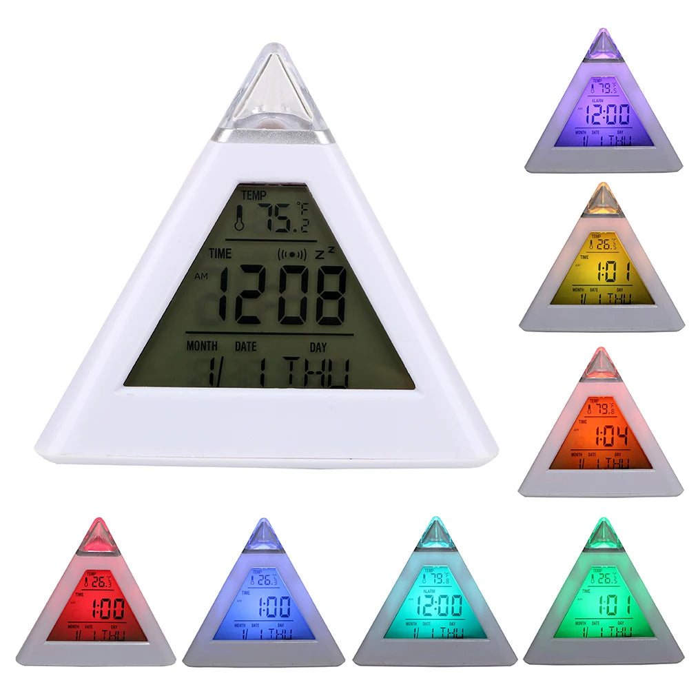 Triangle Pyramid Colorful Backlight Change Clock Perpetual Calendar Thermometer Digital Alarm Clock