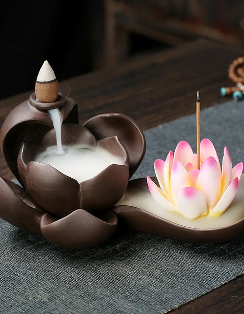 Load image into Gallery viewer, 1pc Creative Purple Clay Waterfall Backflow Incense Burner Lotus Zen Home Decor Incense Stick Holder Ceramic Censer Handicrafts
