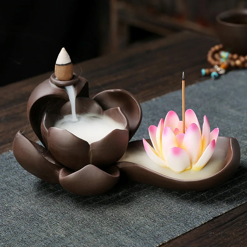 1pc Creative Purple Clay Waterfall Backflow Incense Burner Lotus Zen Home Decor Incense Stick Holder Ceramic Censer Handicrafts