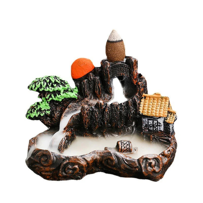 Creative High Mountain Flowing Resin Back Flow Incense Holder Waterfall Incense Burner Home Indoor Decor Aromatherapy Ornament