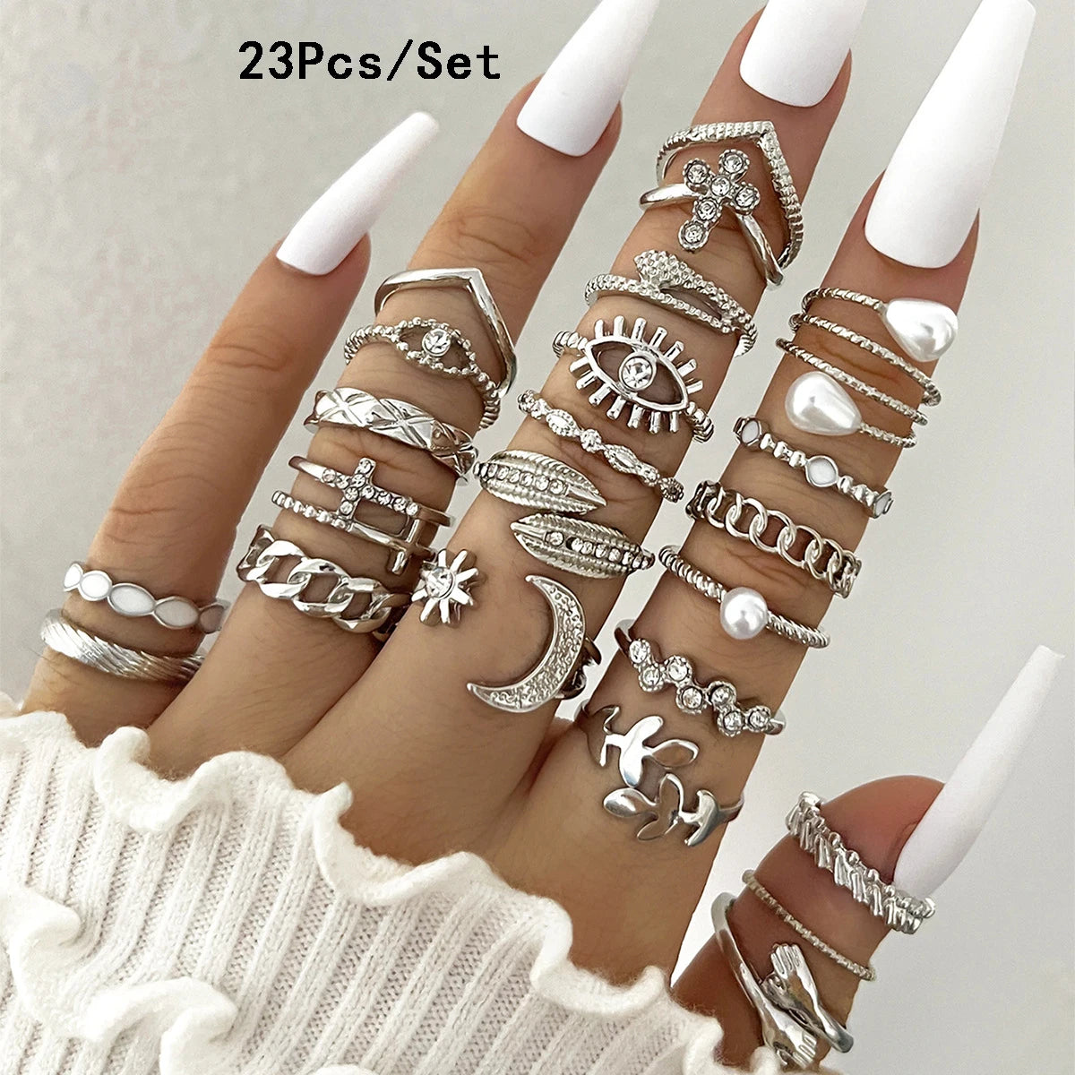 23Pcs Trendy Simple Knuckle Rings Set For Women Crystal Star Moon Eye Wave Ring Female Fashion Party Jewelry Accessories