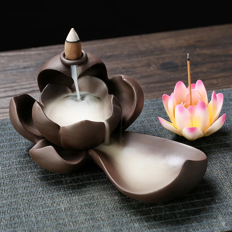 1pc Creative Purple Clay Waterfall Backflow Incense Burner Lotus Zen Home Decor Incense Stick Holder Ceramic Censer Handicrafts