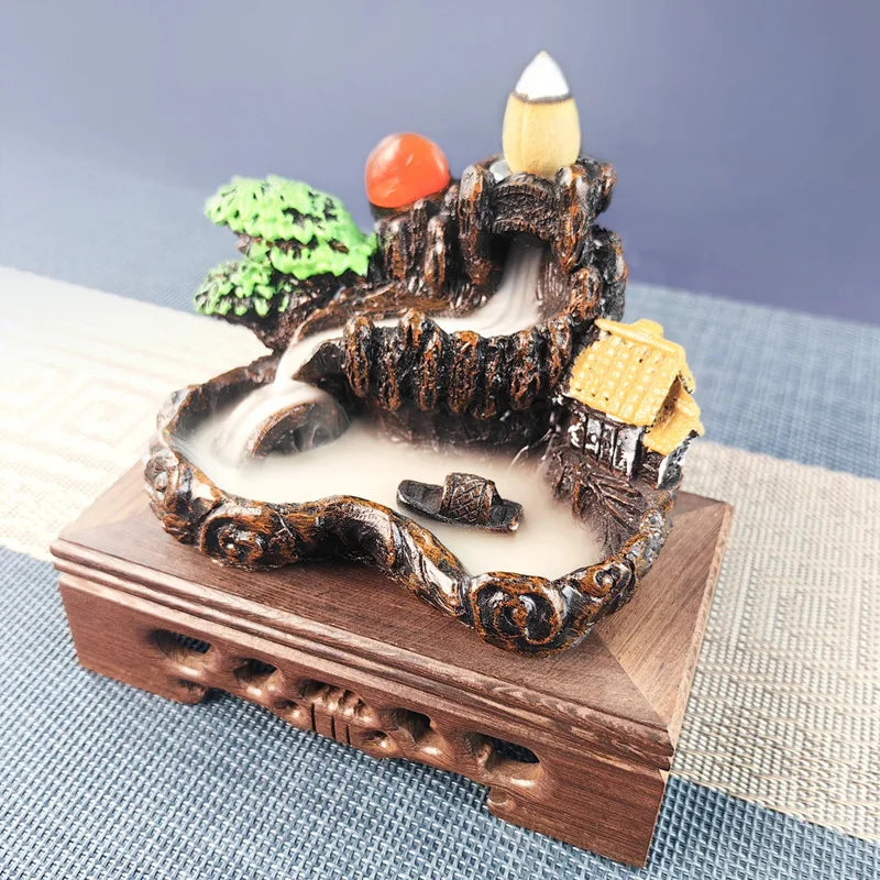 Creative High Mountain Flowing Resin Back Flow Incense Holder Waterfall Incense Burner Home Indoor Decor Aromatherapy Ornament