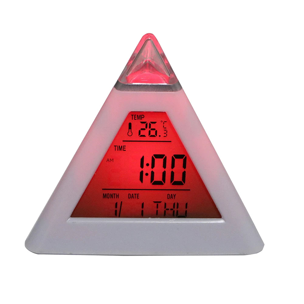 Triangle Pyramid Colorful Backlight Change Clock Perpetual Calendar Thermometer Digital Alarm Clock