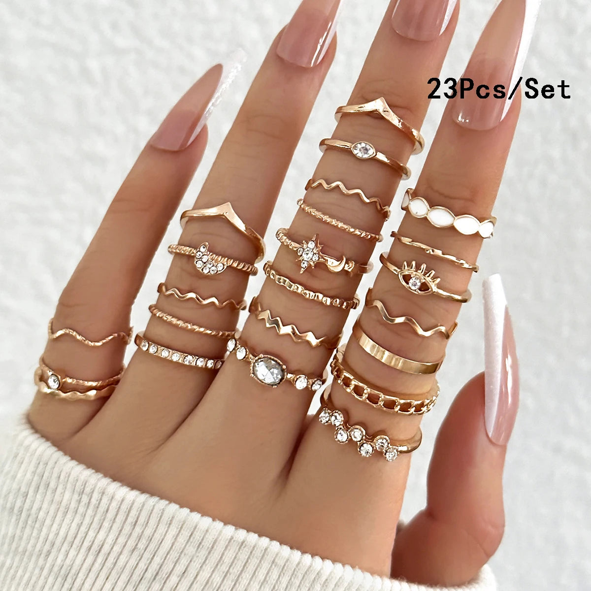 23Pcs Trendy Simple Knuckle Rings Set For Women Crystal Star Moon Eye Wave Ring Female Fashion Party Jewelry Accessories