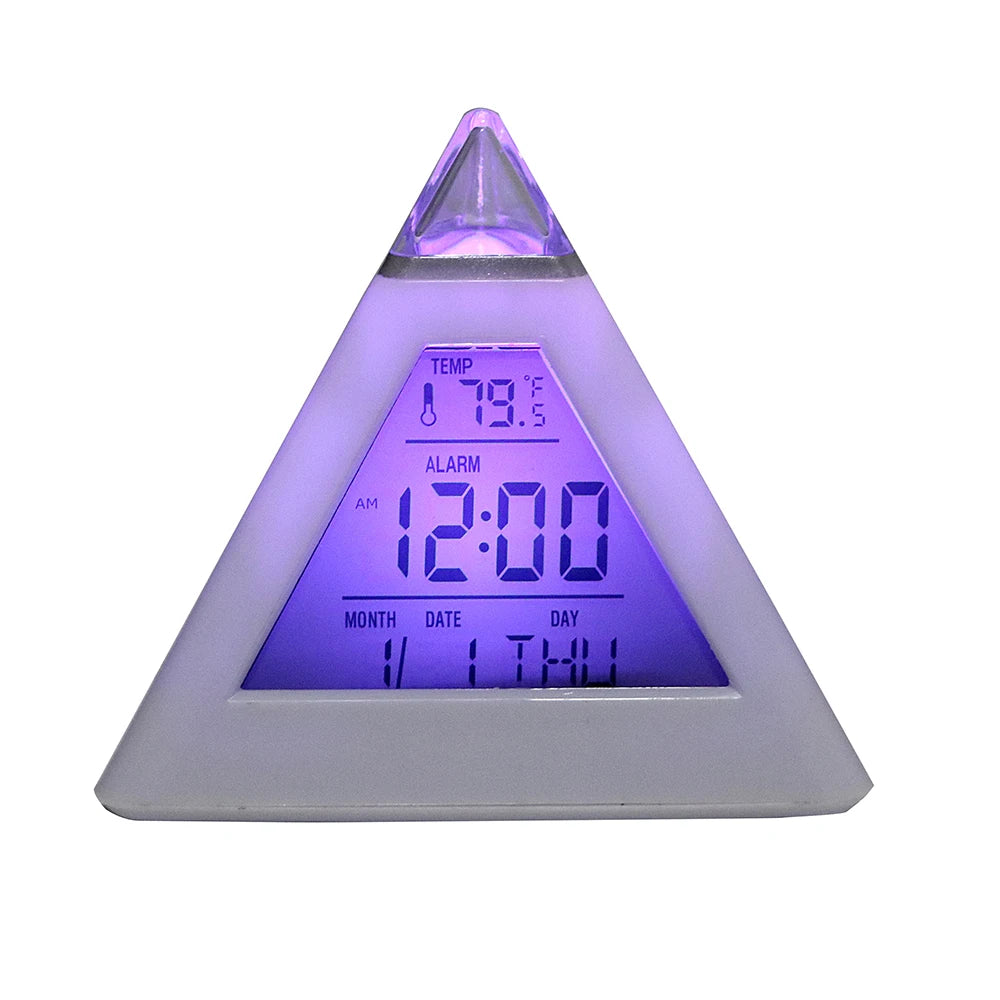 Triangle Pyramid Colorful Backlight Change Clock Perpetual Calendar Thermometer Digital Alarm Clock