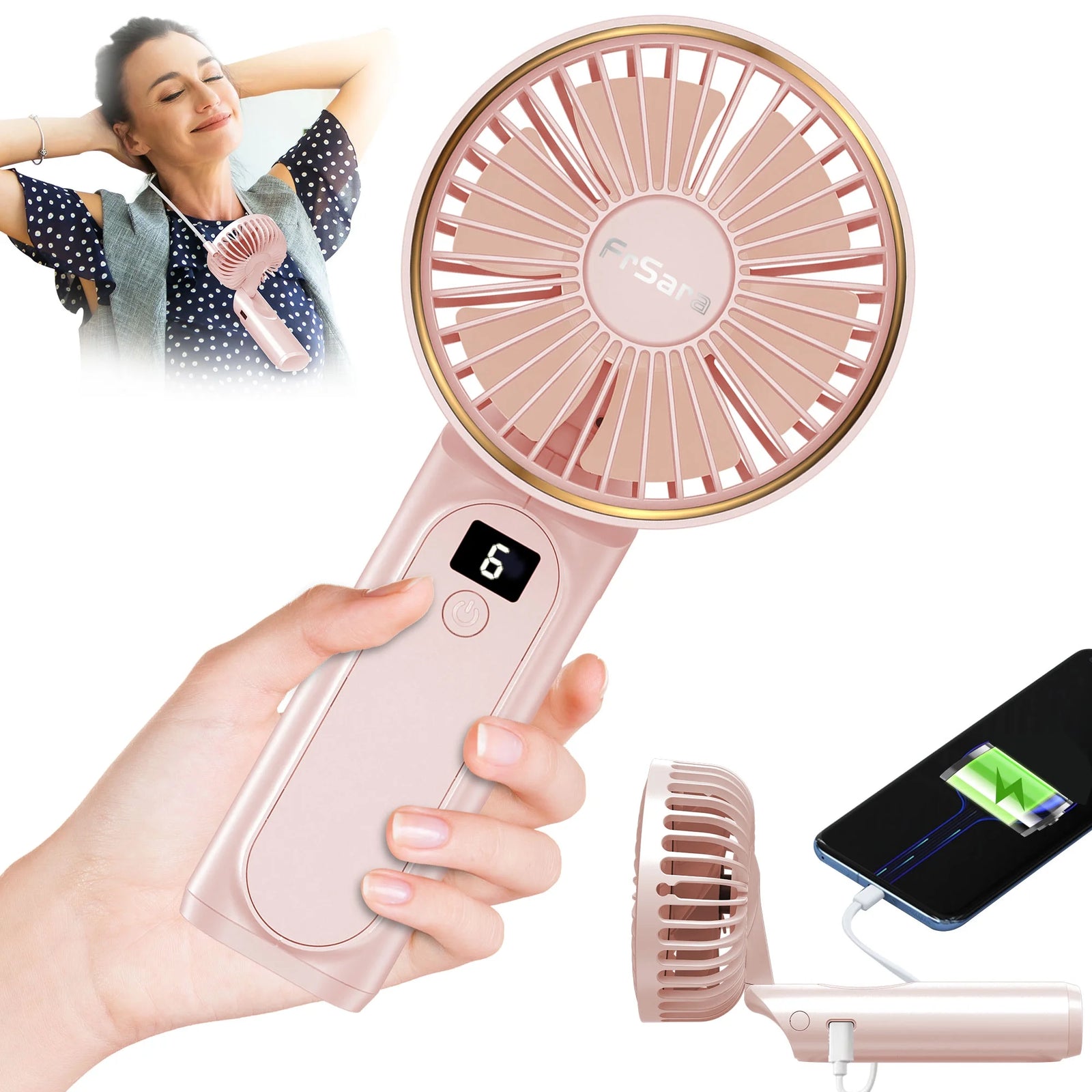 Portable Handheld Mini Fan, Neck Fan, 4000Mah Desk Fan, 180° Adjustable, 6 Speed Wind, Display Electricity in Real Time, USB Rechargeable Foldable Fan, Quiet Personal Fan with Power Bank Pink