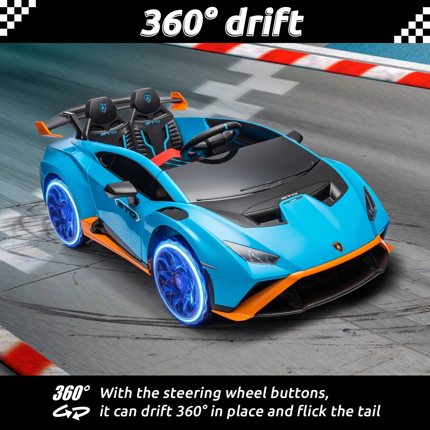 24V Kids Ride on Car, Licensed Lamborghini STO Electric Car for Boys Girls, 2-Seater Ride on Drift Car with Remote Control, Music, 360° Spin, Max Speed 6Mph, White