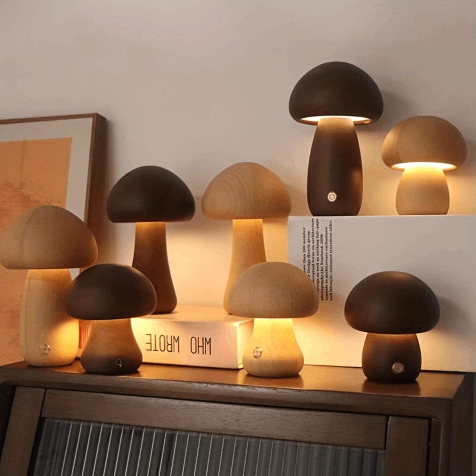 Mushroom Lamp, Dimmable LED Creative Wood Night Light with USB Charging for Home Decor