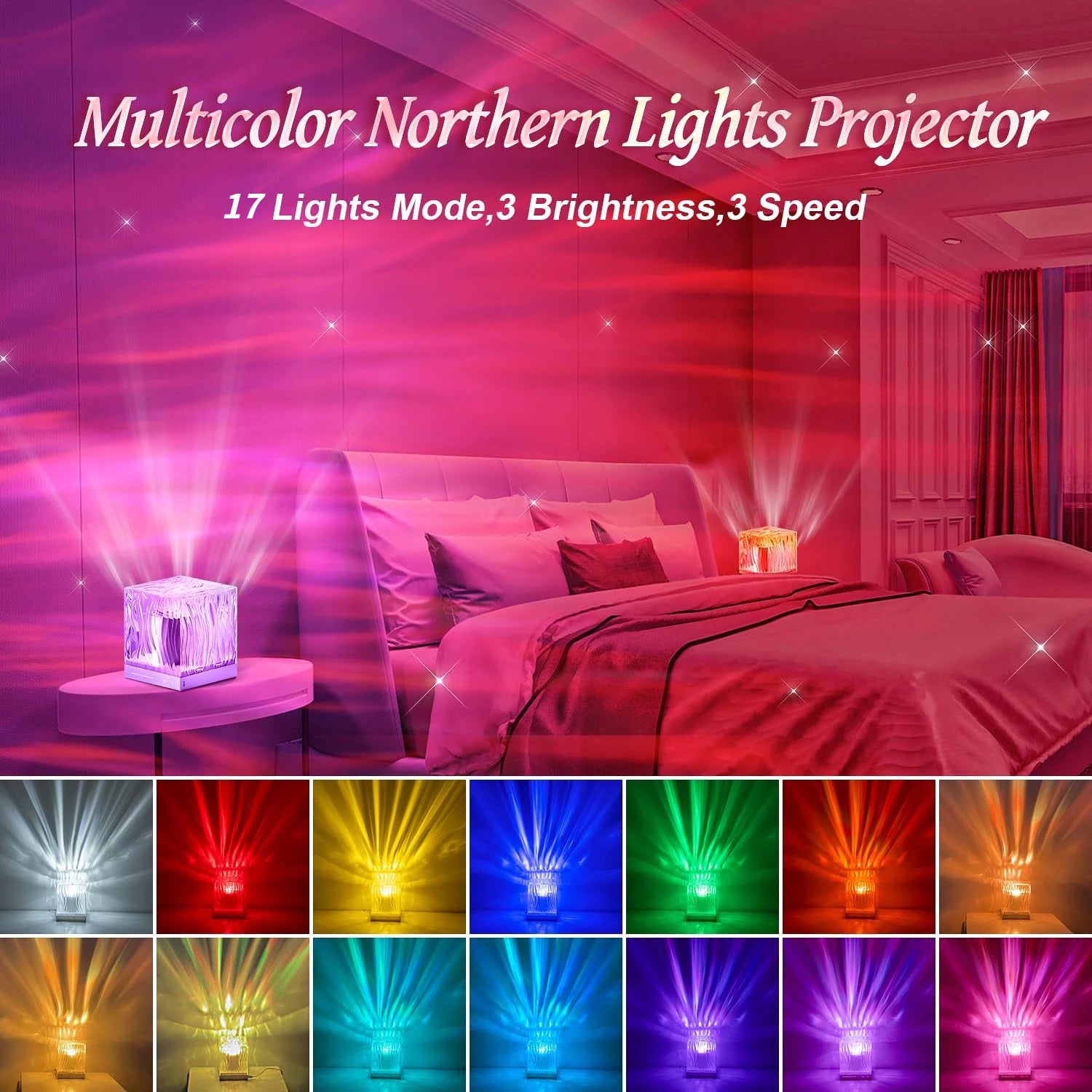 RGB Northern Light Nightlight Water Ripple Atmosphere Rotating LED Crystal Lamp Dynamic Aurora Projector Lamp for Bedroom Decor